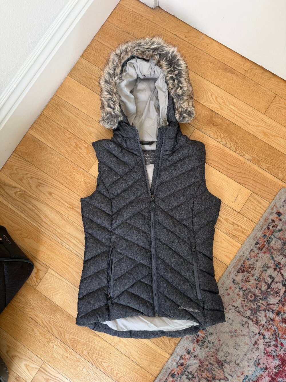 Eddie Bauer Gray Puffer Vest with Removable Faux Fur Hood, Quilted Insulated